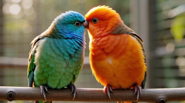 A heartwarming video of two colorful birds affectionately kissing while perched on a branch in a serene outdoor aviary setting.