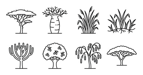 Eight stylized tree and grass line illustrations: acacia, baobab, deciduous, coniferous, desert tree. © GoDesigner
