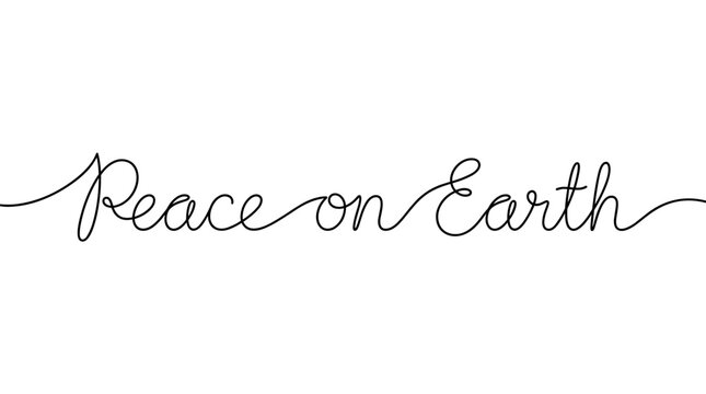 Elegant continuous line drawing of the phrase Peace on Earth in a flowing script, symbolizing hope and goodwill for the world