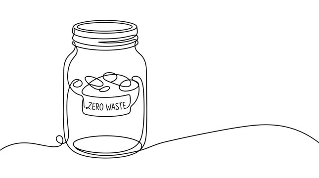 Minimalist continuous line drawing of a glass jar labeled zero waste with a simple squiggle inside, representing sustainable living and eco-friendly practices.