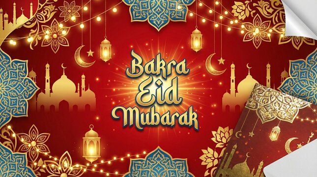 "Bakra Eid Mubarak greeting with mosque silhouette, crescent moons, stars, golden lanterns, and ornate red background"