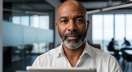 Obraz premium Confident mature african american professional man holding digital tablet in modern glass office environment setting