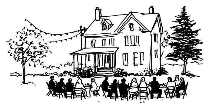 People attending outdoor event or garden party in front of house with string lights in hand drawn sketch style