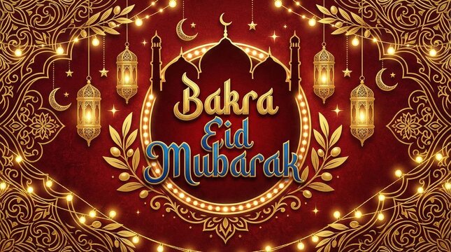 "Bakra Eid Mubarak greeting with mosque silhouette, crescent moons, stars, golden lanterns, and ornate red background"