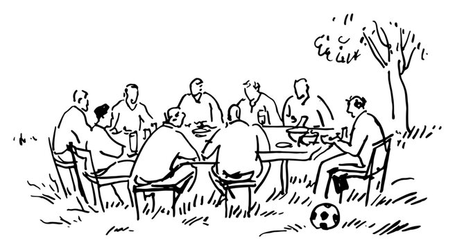 Friends sitting at outdoor table during garden party with soccer ball nearby in hand drawn sketch style