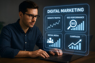 Fototapeta premium Digital Marketing Dashboard with SEO Traffic and Campaign Analytics on Laptop