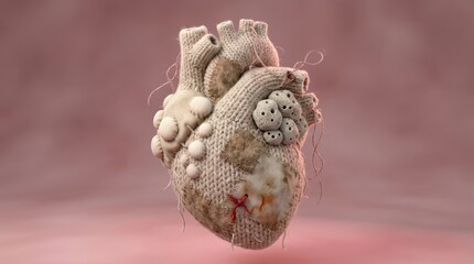 Fototapeta premium Anatomical heart made of knitted wool and fabric patches representing emotional healing and recovery
