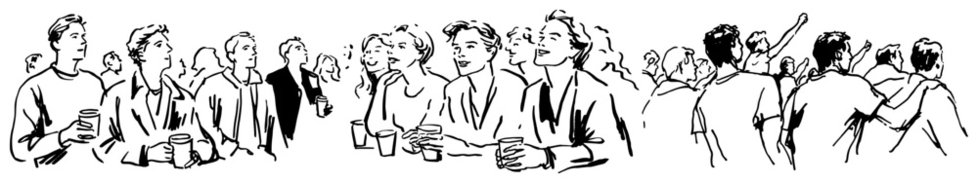 People standing in long queue at bar or event in minimalist hand drawn sketch style