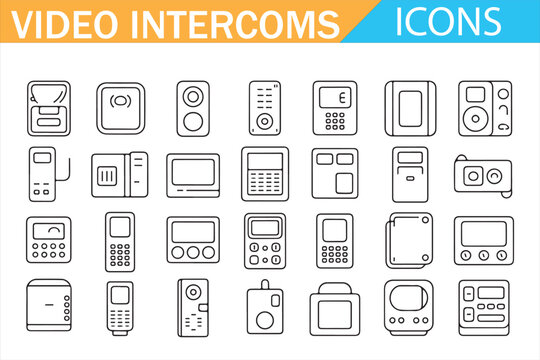 Smart home video intercom system icons door phone access control communication vector outline
