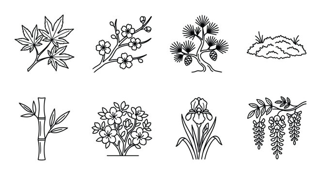 Japanese garden plant icons set with maple bamboo cherry blossom iris wisteria and pine tree branch
