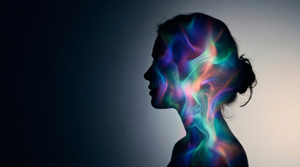 Obraz premium Minimal portrait silhouette filled with soft multicolor light patterns flowing organically, symbolizing unique perception, dark to light gradient background with copy space.