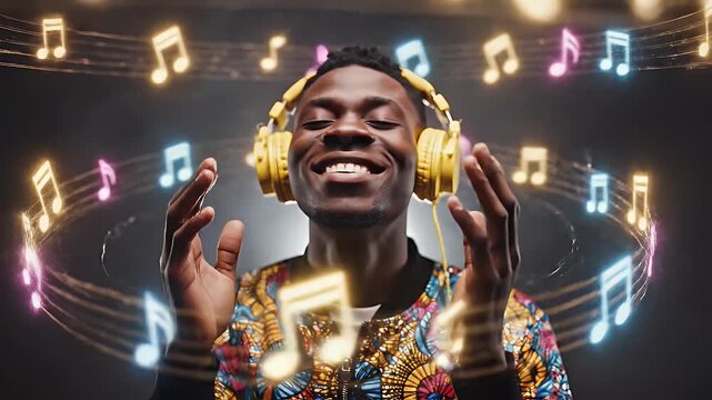 Joyful man listening to music with glowing notes - A joyful African man wearing yellow headphones smiles while listening to music, with glowing music notes floating around him.