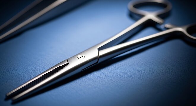 Close up of surgical hemostatic forceps on a blue background.