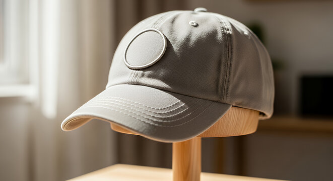 Classic dad hat mockup resting on a wooden stand with soft natural lighting hat mockup mockup cap hat template fashion clothing baseball front sport isolated blank