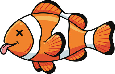 Cartoon illustration of clownfish with orange body, white stripes, black outlines, humorous expression with tongue out and X‑shaped eye, representing playful marine artwork and aquatic design concept © MostArjuma