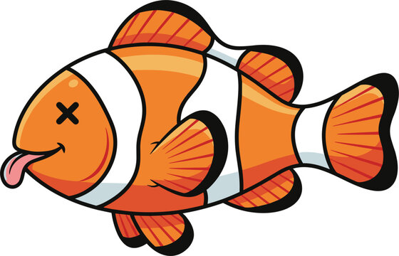 Cartoon illustration of clownfish with orange body, white stripes, black outlines, humorous expression with tongue out and X‑shaped eye, representing playful marine artwork and aquatic design concept