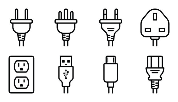 Set of 8 electrical plugs and outlets icons from different countries and standards