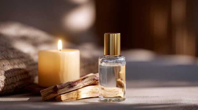 Scented candle, glass perfume bottle, wooden sticks, cozy, warm light, relaxation mood