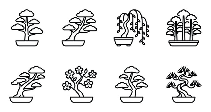 Set of bonsai trees in pots on transparent background, outline style icon collection