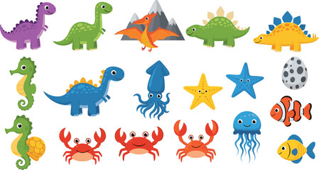Cute Dinosaur and Sea Animal Cartoon Vector Set with Seahorse, Crab, Jellyfish, Starfish, Fish, Squid, and Prehistoric Characters © MstBobita