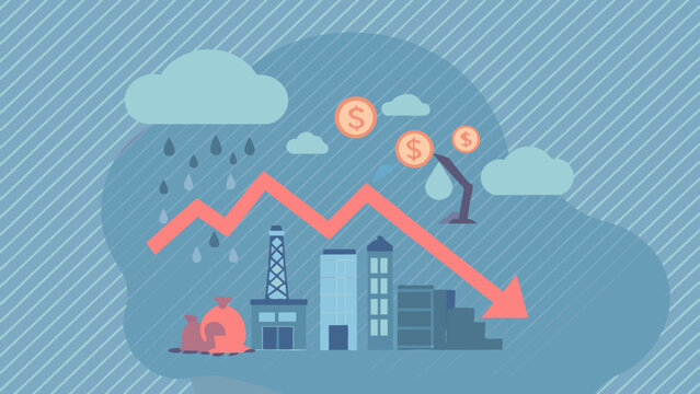 Economic downturn illustrated with falling graph oil rig and money