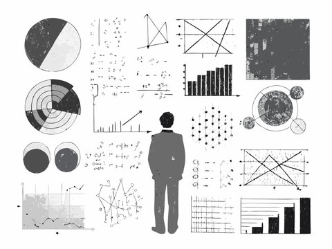 A person contemplates complex data visualizations and charts on a white background
