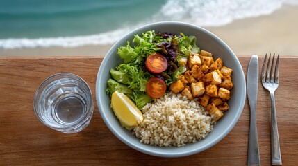 Fototapeta premium Healthy grain bowl with seasoned tofu and fresh salad served on a wooden table with an ocean beach background