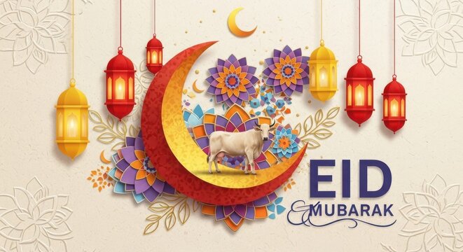 Eid Mubarak Golden Crescent Moon and Cow with Ornate Lanterns Illustration isolated on Transparent Background