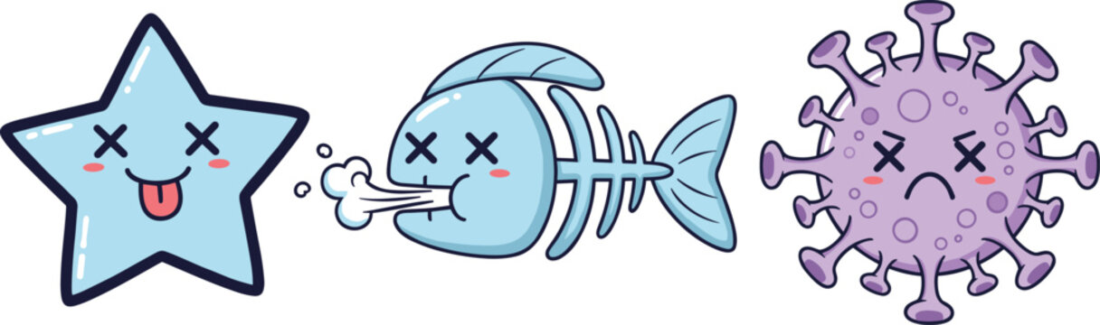 Dead Starfish, Fish Skeleton and Virus Cartoon Vector Illustration Set Cute Funny Dead Character Clipart Collection