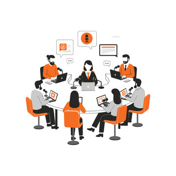 Panel discussion with eight people around a table for a podcast recording.