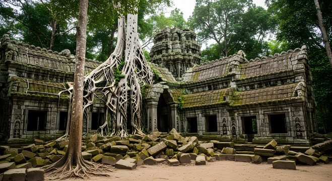 Ancient temple overgrown with giant tree roots in cambodia jungle ruins