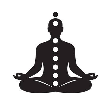 Spiritual chakra meditation silhouette of person in lotus pose with seven energy centers vector on white background
