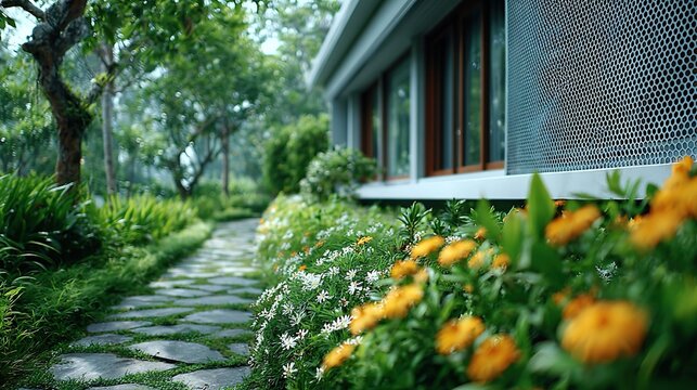 Tranquil Outdoor Garden Pathway with Stone Steppers, Lush Greenery, Vibrant Yellow & White Flowers Beside Contemporary Home