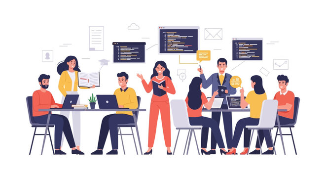 Coding Bootcamp, IT Development Team Meeting, and Corporate Training. Programmers collaborating and learning new software concepts.