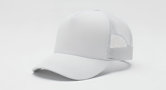 A white trucker hat with a plain white front panel and mesh back presented from a 3/4 view isolated against a pristine seamless white background with bright studio lighting and no shadows hat mockup m