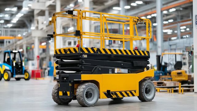 A yellow hydraulic scissor lift platform parked in standby mode inside an industrial factory work area, steel floor reflecting soft overhead lighting, safety rails folded, surround