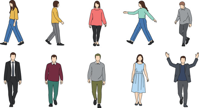 Flat style illustration of ten people in casual and formal clothing, arranged in two rows, showing diverse postures, gestures, and fashion styles for design artwork reference