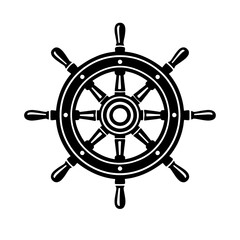 Fototapeta premium Classic Black Silhouette Vector Icon of a Traditional Ship's Wheel or Nautical Helm, Featuring Eight Detailed Spokes and Handles, Symbolizing Maritime Adventure, Steering, Control, and Navigation for