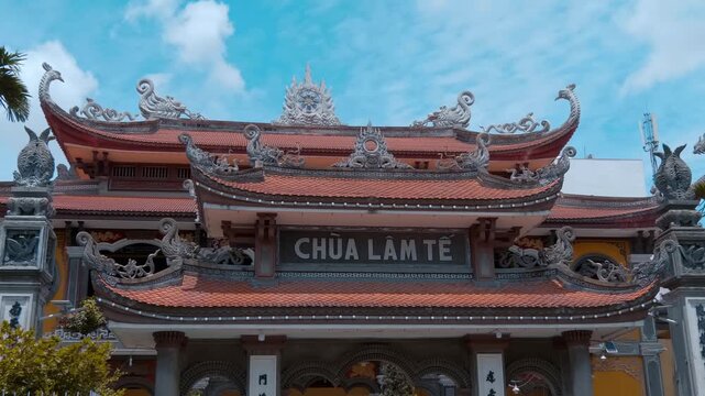 Traditional Asian style Vinh Nghiem Pagoda with its gorgeous bended tiled roofs and sculptures chofahs on the edges. Saigon Ho Chi Minh, Vietnam. Traditional Asian style Vinh Nghiem Pagoda 