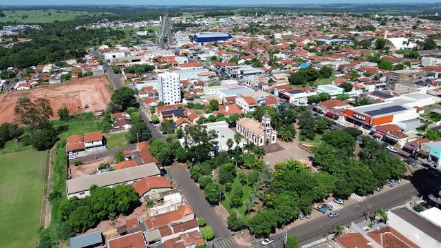 Aerial drone view of Bady Bassitt city in Sao Paulo state, Brazil. Residential neighborhoods, urban development and expansion of a small Brazilian town in the countryside