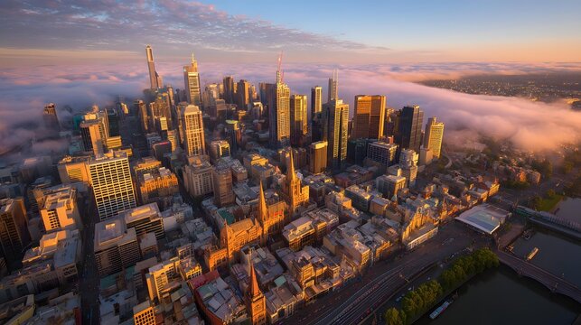 cityscape emerging from morning fog, elegant towers gradually revealed through mist