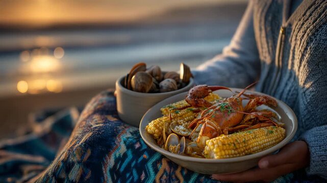 Artistic close-up of lobster and corn on cob steaming on a patterned beach blanket, bowl of clams beside, blurred ocean waves and glowing sunset in background, intimate seaside mea