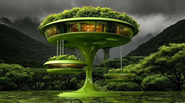 city concept above forest canopy, futuristic architecture intertwined with nature