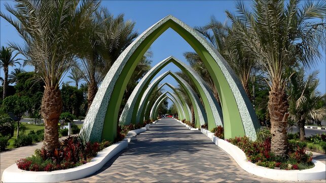 to futuristic green city with monumental eco friendly arches and tree lined pathways