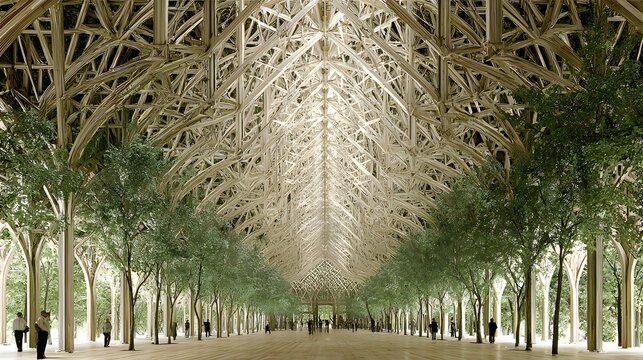 to futuristic green city with monumental eco friendly arches and tree lined pathways
