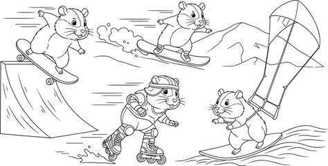 Obraz premium Cute hamster extreme sports vector set with skateboarding, skiing, roller skating and windsurfing, cartoon outline illustration collection