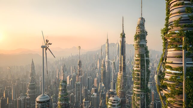 city powered by wind turbines and solar arrays, sleek buildings wrapped in climbing plants