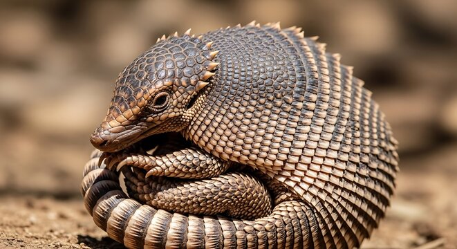 Curled Up Three Banded Armadillo on Ground