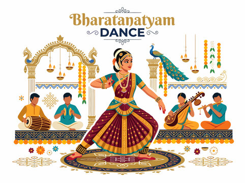 Bharatanatyam Dancer Performing with Musicians and Peacock