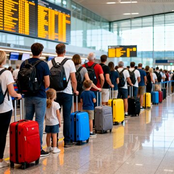 Diverse group of travelers with colorful luggage waiting in a long queue at an airport departure hall